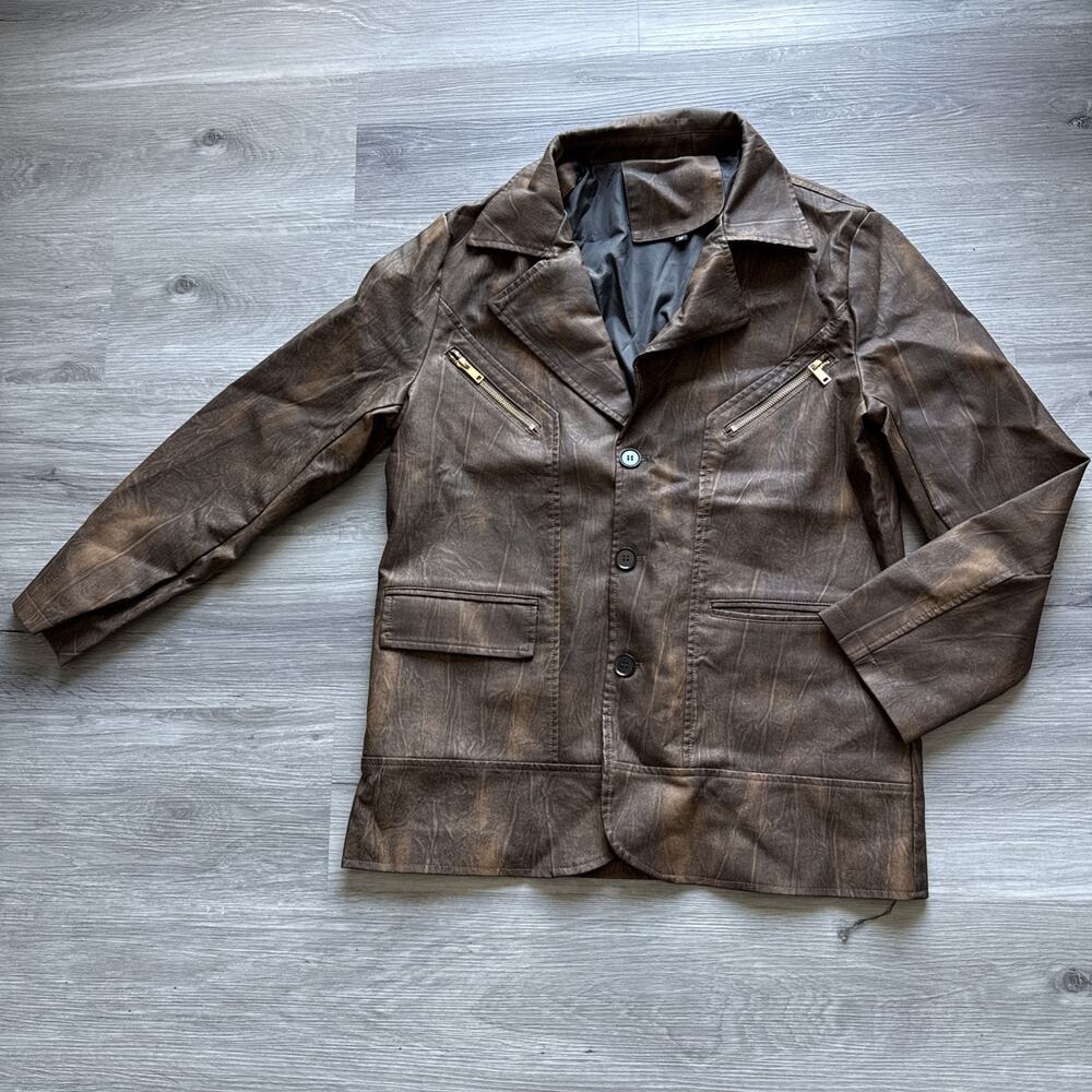 Men’s Hood Crew Faux Leather Jacket Coat, Brown, Medium